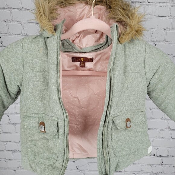 7 For All Mankind  Muted Green 100% Cotton Fur Trim Hooded Jacket Size 24M - Picture 5 of 16